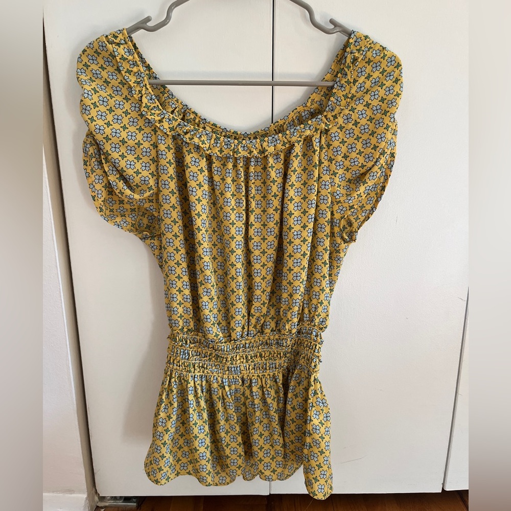 Max Studio Women’s Floral Blouse Short-Sleeve Yellow & Blue (Medium)